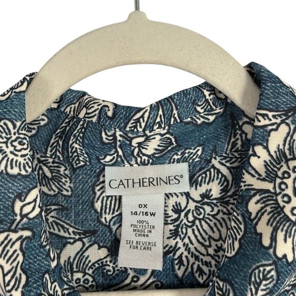 Catherines Blue Floral Sheer Button Front Dress Preppy Womens Plus 0x 14/16W - Picture 4 of 6